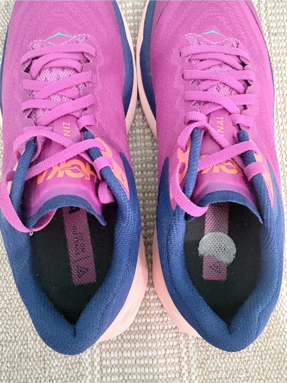 Hoka Women's Zinal Trail Running Shoe. Fuchsia/Navy Blue/Orange Accents. Size-7
